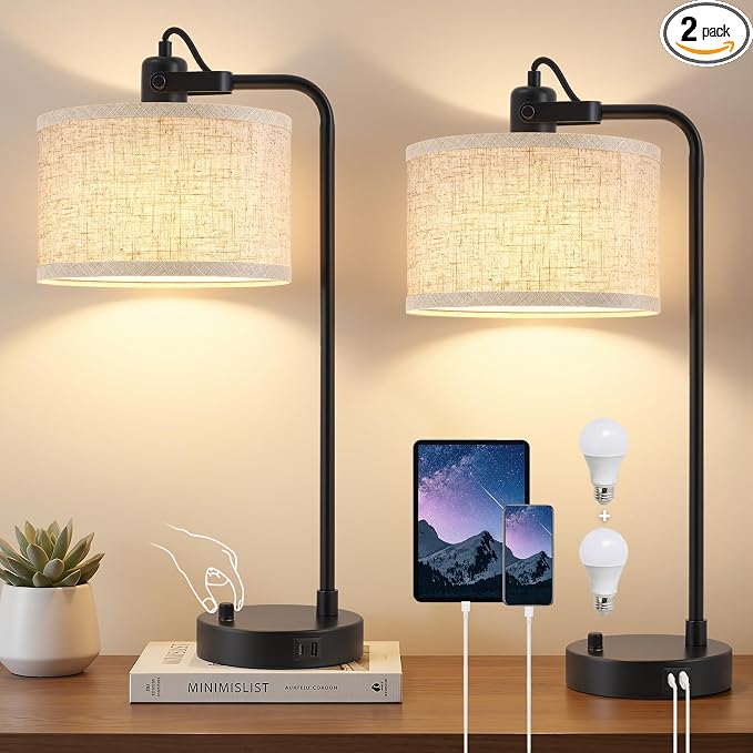 Black Table Lamp Set of 2 with USB A and C Ports, 180° Adjustable Stepless by Luvkczc