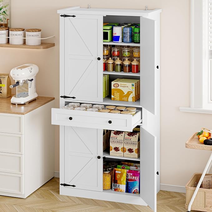 BORNOON Pantry Organizers and Storage Cabinet, 67.7” Barn Door White Kitchen - Image 8