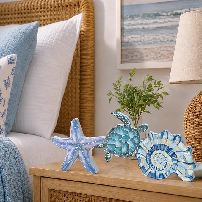 3 Pcs Beach Theme Wooden Tabletop, Sea Turtle Conch Starfish Decor Signs - Image 6