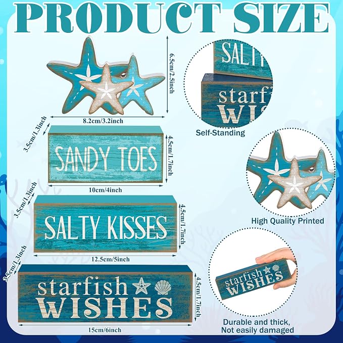 Yuntau 4 Pcs Summer Table Decorations Beach Tiered Tray Decor Starfish Coastal - Image 2
