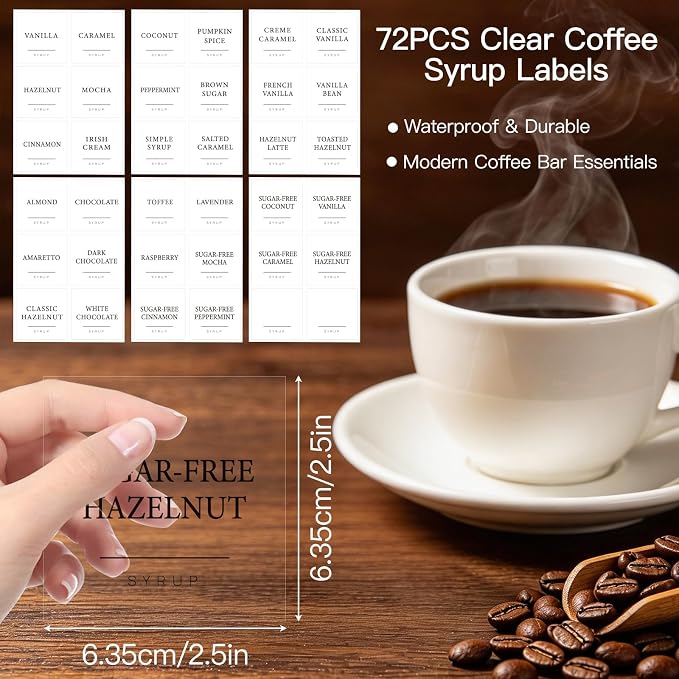 72PCS Clear Waterproof Coffee Syrup Labels, Minimalist Transparent Decals - Image 2