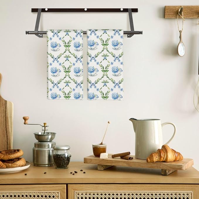 Blue Hydrangea Chinoiserie Floral Butterfly Tea Hand Dish Towels - Image 3