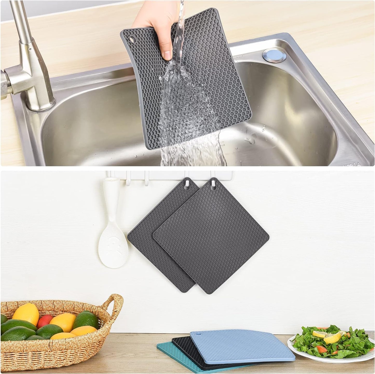 Silicone Trivets Mats, Hot Pads for Pot Holder, Square Trivets for Dishes, Pots and Pans, Multi-Purpose Kitchen Counter Pads, Non-Slip Heat Resistant Mats Set of 4 Blue