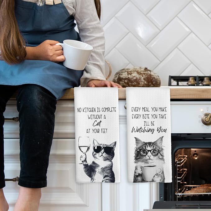 Funny Cat Kitchen Towels Set of 2, Cat Kitchen Accessories, Coffee Station Wine - Image 3