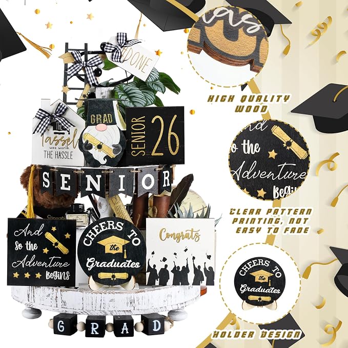 Mifoci 19 Pcs Graduation Tiered Tray Decor Set 2026 Graduation Farmhouse Wooden - Image 3