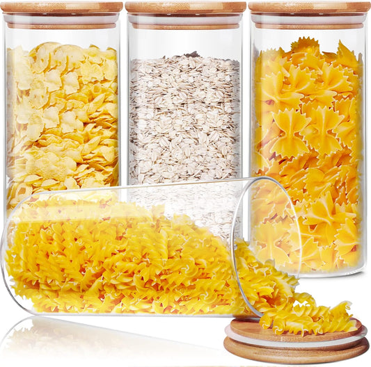 Glass Jars with Bamboo Lids 53 FL OZ [Set of 4], Glass Canisters with Airtight Lids, Glass Food Storage Containers for Pasta, Oats, Coffee, Flour, Sugar, Rice, Best for Kitchen & Pantry