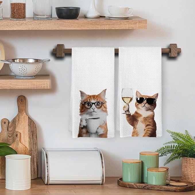 Funny Cat Coffee Wine Kitchen Towels, Funny Kitten Coffee Wine Dishcloths Dish - Image 2