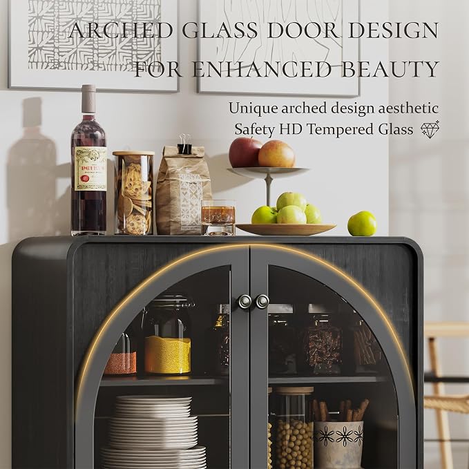 Storage Cabinet with Arched Glass Doors and Adjustable Shelves, Buffet - Image 6