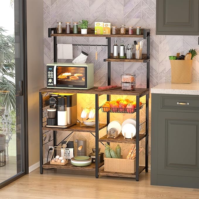 Aheaplus Bakers Rack with Power Outlet and LED light strings, Microwave Oven - Image 2