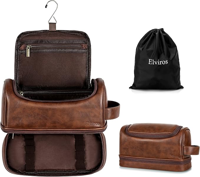 Elviros Toiletry Bag for Mens PU Leather Travel Organizer Kit by Elviros