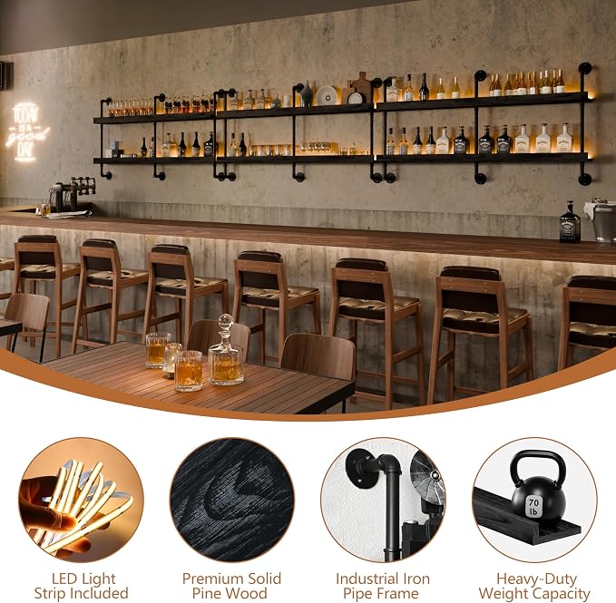 Wall Mounted Wine Rack with LED Light, LED Industrial Pipe Liquor Bar Shelves - Image 3