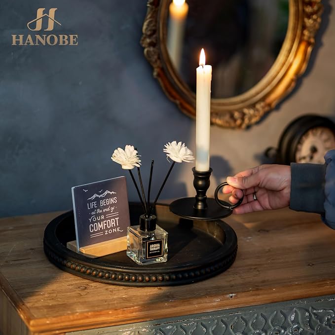 Hanobe Decorative Coffee Table Tray: Modern Farmhouse Beaded Round Tray Decor - Image 3