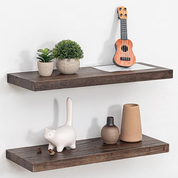 Fun Memories Floating Shelves for Wall Set of 2, Rustic Solid Elm Wood Wall by FunMemories