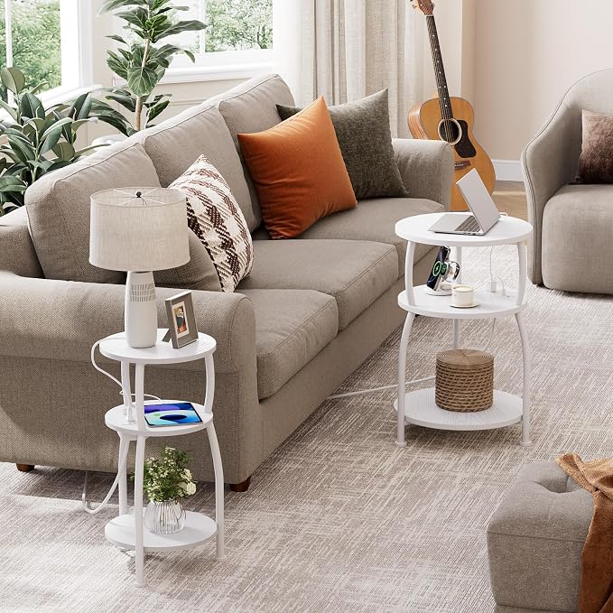 Round Side Table with Power Outlet & USB Ports, 3-Tier End Table with Storage - Image 7