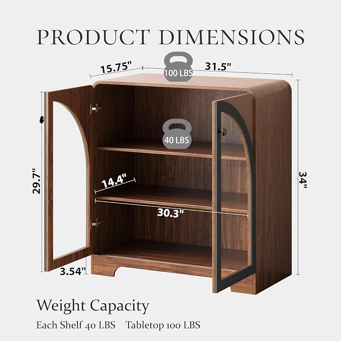 Storage Cabinet with Arched Glass Doors and Adjustable Shelves, Buffet - Image 2