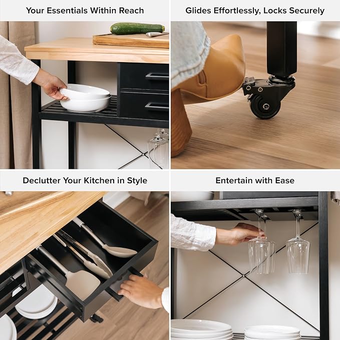 Kitchen Island Cart with Storage – Solid Wood Rolling Coffee Cart with Pine Top - Image 3