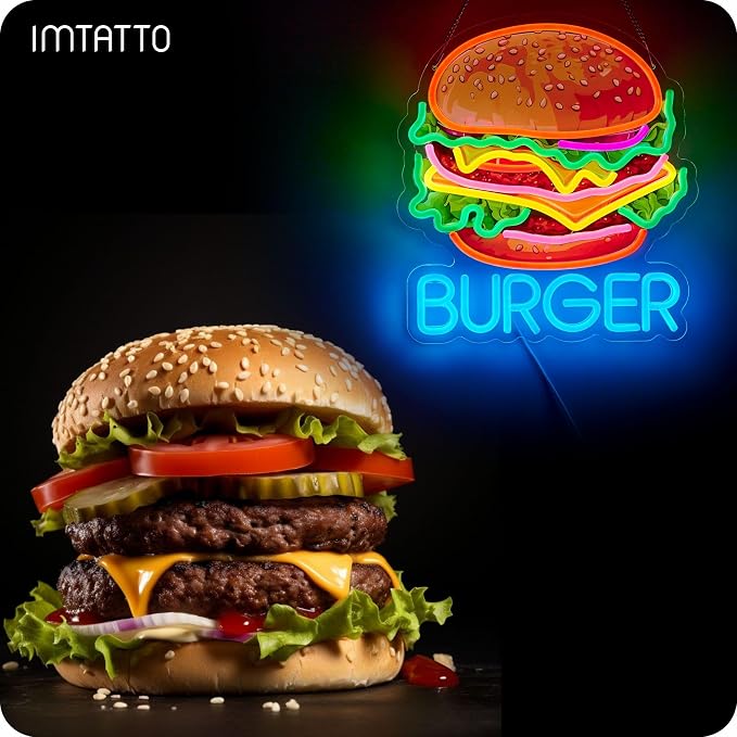 Burger Neon Sign for Wall Décor Hamburger Business Dimmable LED Light USB - Image 5