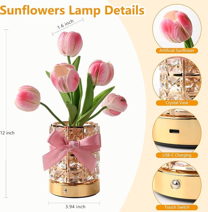 Handmade Flower Lamp, Rechargeable Cordless Touch Table Lamp, 3-Colour - Image 2