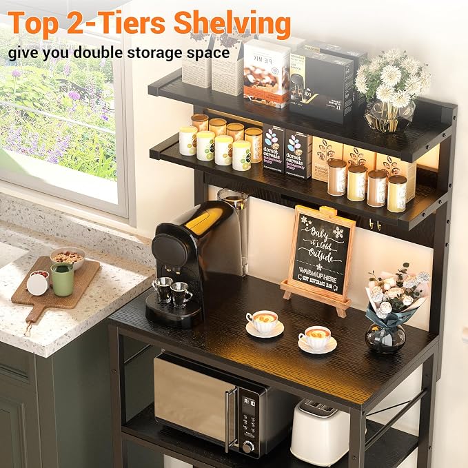 Aheaplus Bakers Rack with Power Outlet, Microwave Stand, 5 Tiers Coffee Bar - Image 5