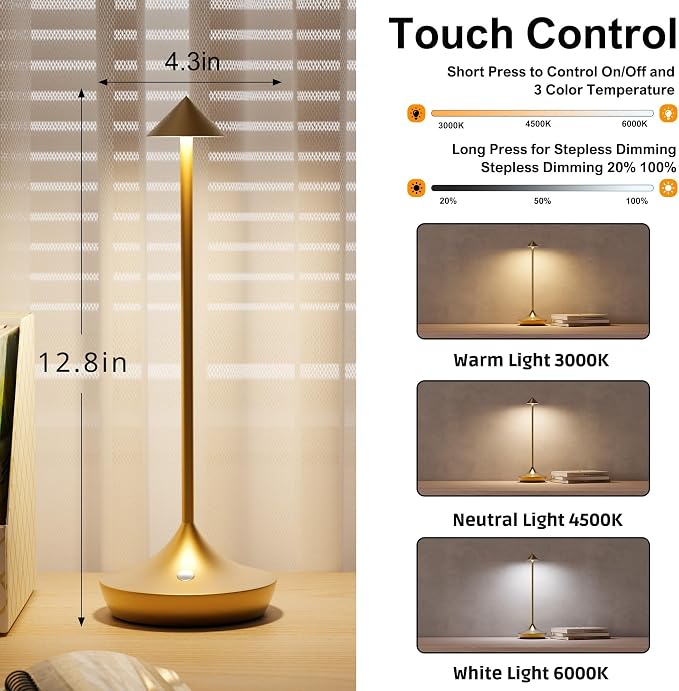 Cordless Rechargeable Table Lamp, 3 Color Temperatures 9 Lighting Modes - Image 6