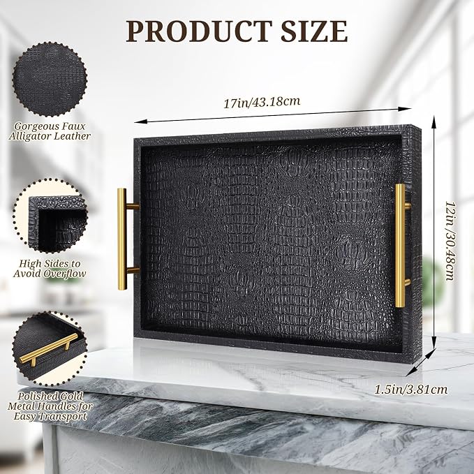 SXNOWS 17"x12" Black Faux Leather Serving Tray - Image 3