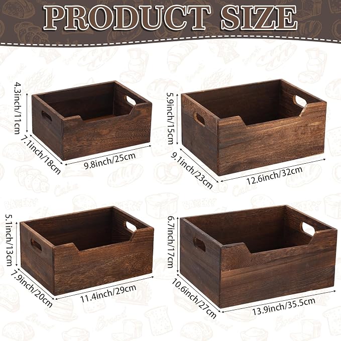 Chunful 4 Pack Wood Crates Nesting Storage Baskets Decorative Farmhouse Wooden - Image 3
