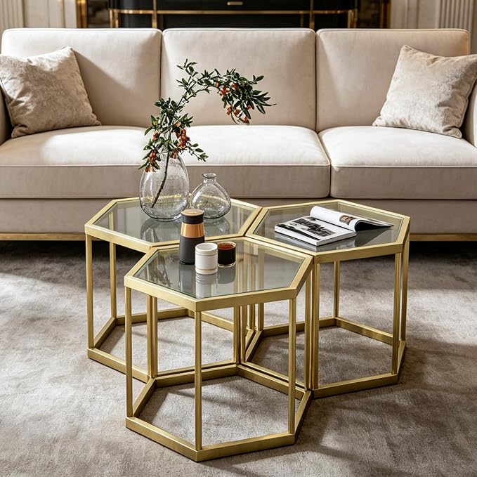 Hexagonal Modular Coffee Table, Tempered Glass Top, Geometric Accent Side Table - Image 8