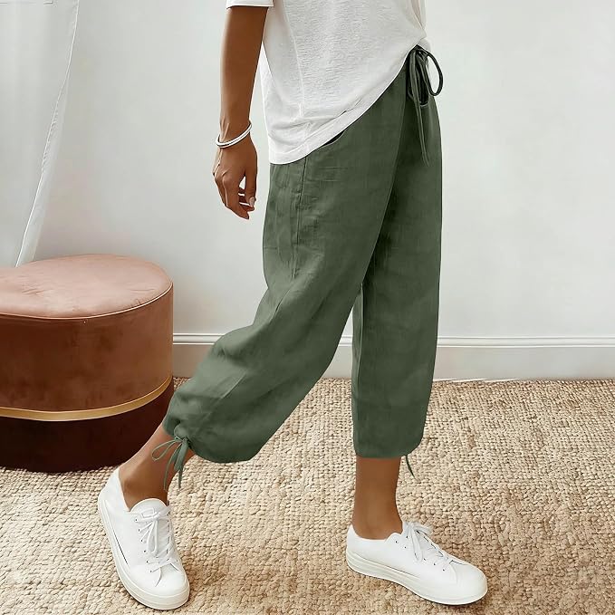 Linen Capri Pants for Women Drawstring Elastic Wide Leg Trouser 2026 Summer - Image 3