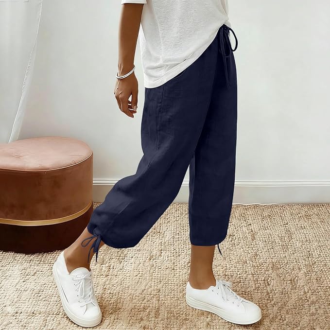 Linen Capri Pants for Women Drawstring Elastic Wide Leg Trouser 2026 Summer - Image 3