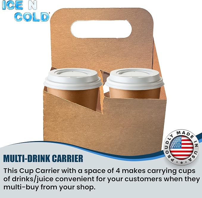 4 Cup Drink Carrier with Handle | Kraft Paperboard Holder Disposable - Image 3