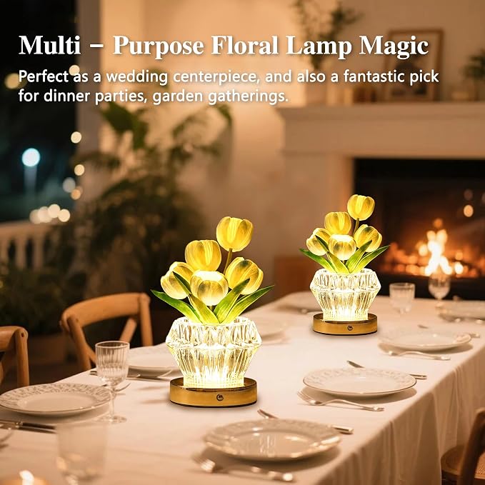 Blue Tulip Flower Lamp Diamond Vase, 3 Color Night Light Dimmable Touch Control - Image 6