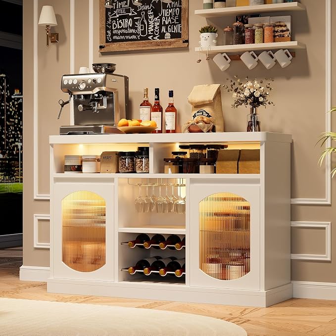 Sideboard Buffet with Led Lights Wine Bar Cabinet White Modern Coffee, Wine - Image 6
