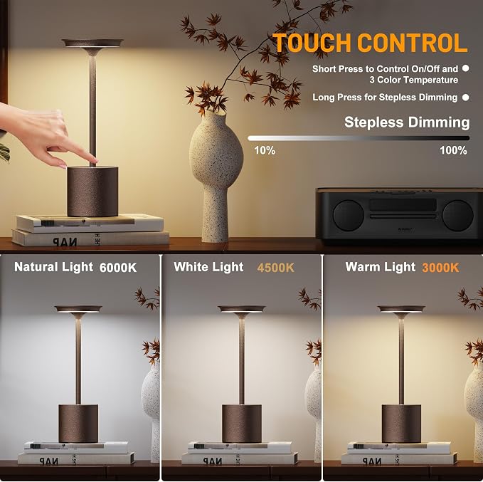 Rechargeable Cordless Metal Table Lamp, IP54 Waterproof, 6000mAh Battery - Image 2