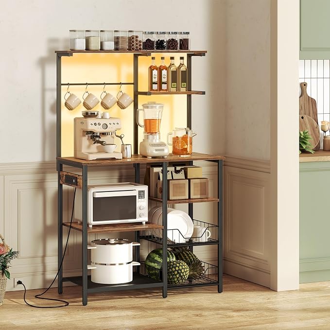 HOOBRO Bakers Rack with Power Outlet and LED Light, 6-Tier Microwave Stand with - Image 2