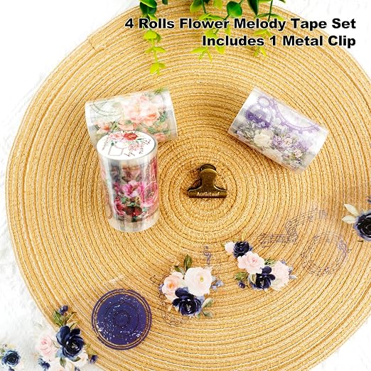 PET Tape Stickers Set with Metal Clip, 4 Rolls Precut Floral Music Decorative - Image 2