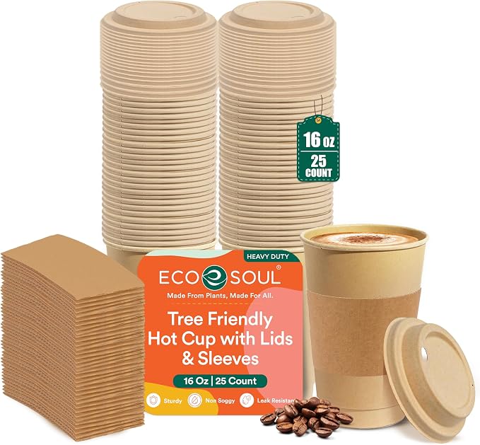 ECO SOUL 25 Pack 16 oz Disposable Coffee Cups by ECOSOUL