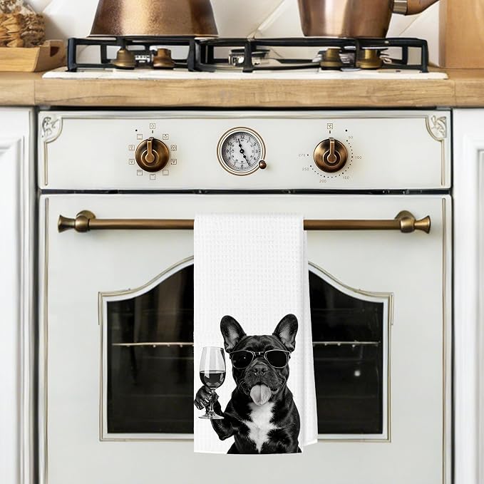 Funny French Bulldog Wine Bar Kitchen Towels, French Bulldog Gifts - Image 2