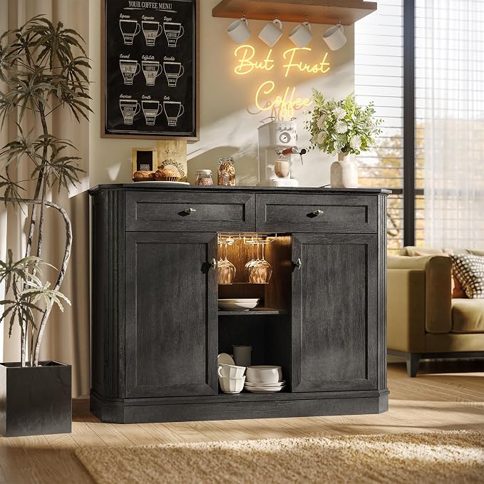 47" Wine Bar Cabinet with LED Light & Power Outlets, 2 Door Coffee Bar Cabinet - Image 4