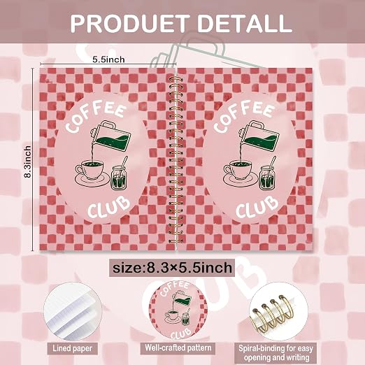 FOPENEM Pink Checkered Coffee Notebook 8.3x5.5 Inch, Coffee Lover Gifts Journal - Image 2