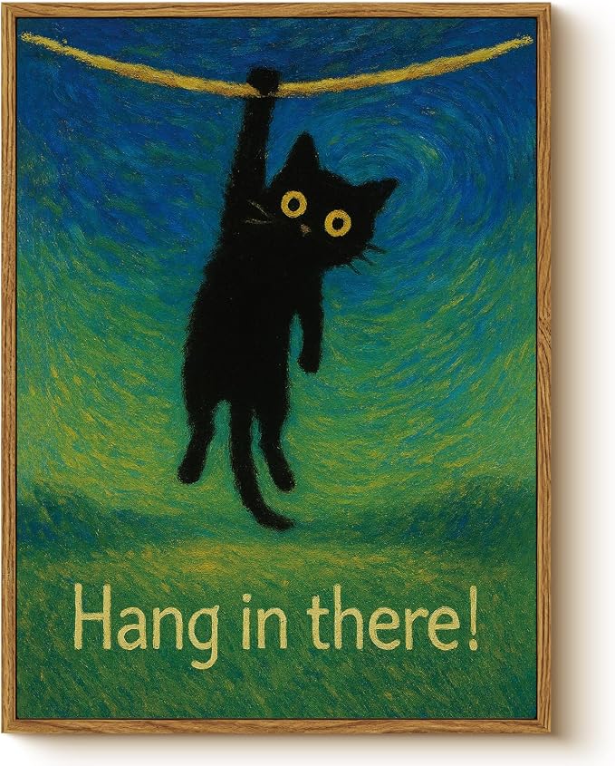 Funny Black Cat Hanging with Uplifting Hang in There! Quote Framed Wall Art by WHASAYART