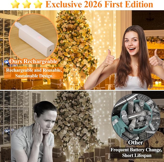 Lakumu 33FT 100 LED Warm White Fairy Lights, Rechargeable Type-C String Lights - Image 2
