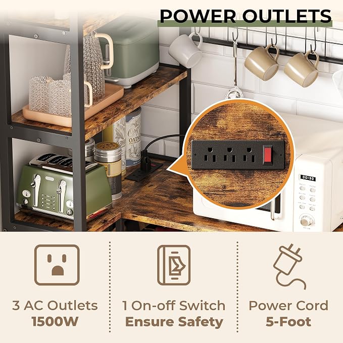 IRONCK Corner Bakers Rack with Power Outlet, Coffee Bar 6 Tier with Storage - Image 7