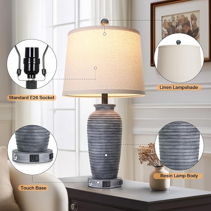 CINSARY 25" Retro Distressed Black Farmhouse Jar Table Lamps Set of 2, 3 Way - Image 7