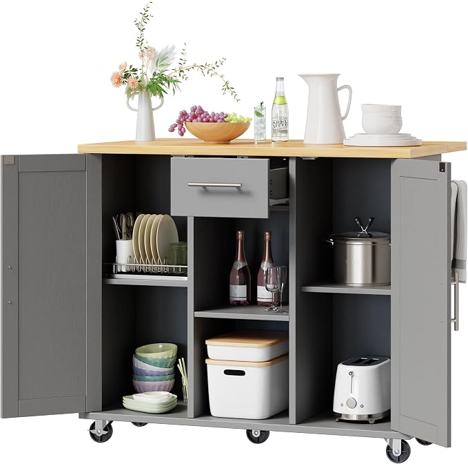 Shintenchi Kitchen Island with Storage, Bar Cart Cabinet Island Table on Wheels - Image 7