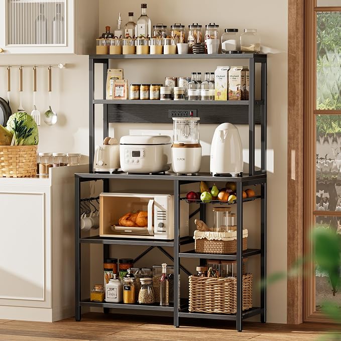 SUPERJARE Bakers Rack with Power Outlet, 35.4 Inches Coffee Bar with Wire Basket - Image 2