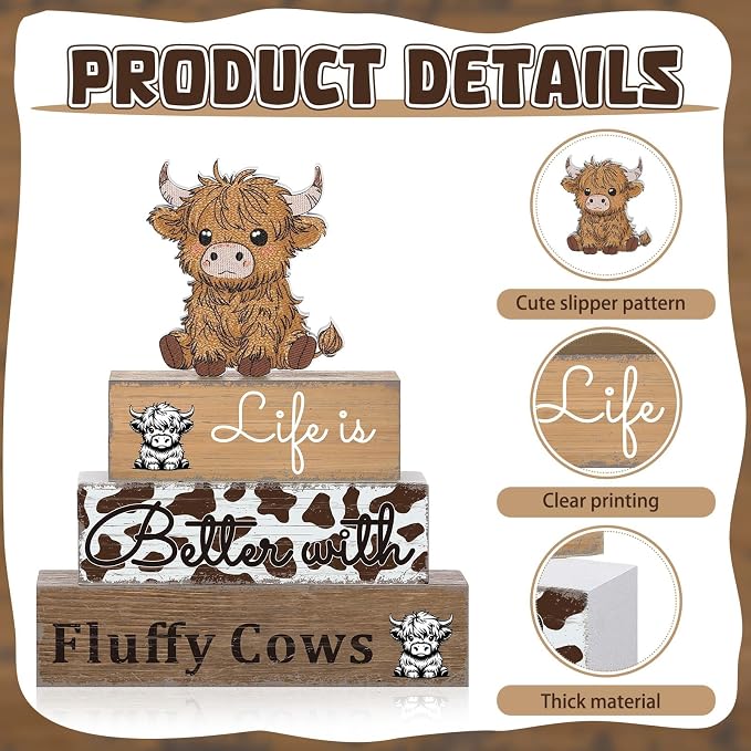 Geelin 4 Pcs Highland Cow Table Decorations Cow Wooden Signs Rustic Tiered Tray - Image 5