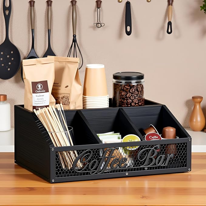 Coffee Station Organizer, Rustic Farmhouse Wood Condiment Storage Basket - Image 4