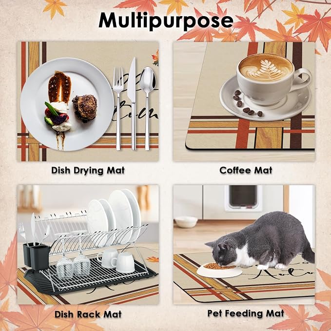 Arttown Coffee Mat for Countertops, Hello Autumn Fallen Leaves Dish Drying Mat - Image 6
