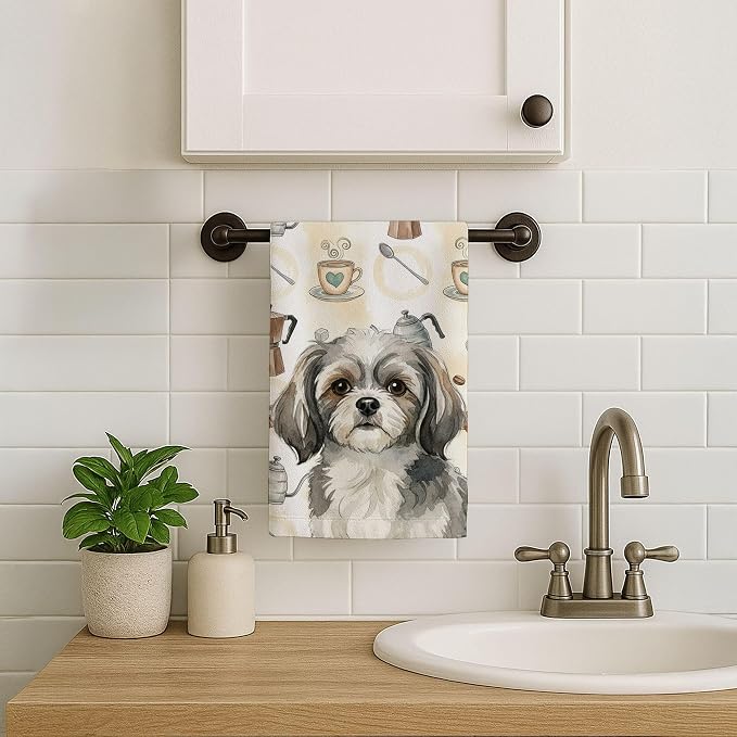 Caroline's Treasures Grey and White Tibetan Spaniel Coffee Bar Kitchen Towel - Image 7