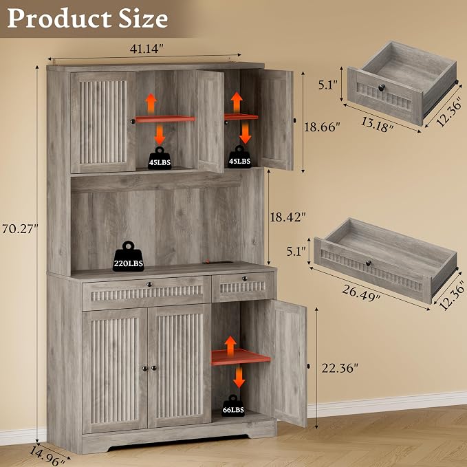 BORNOON Pantry Cabinet with Charging Station and Light, Tall Kitchen Pantry - Image 2
